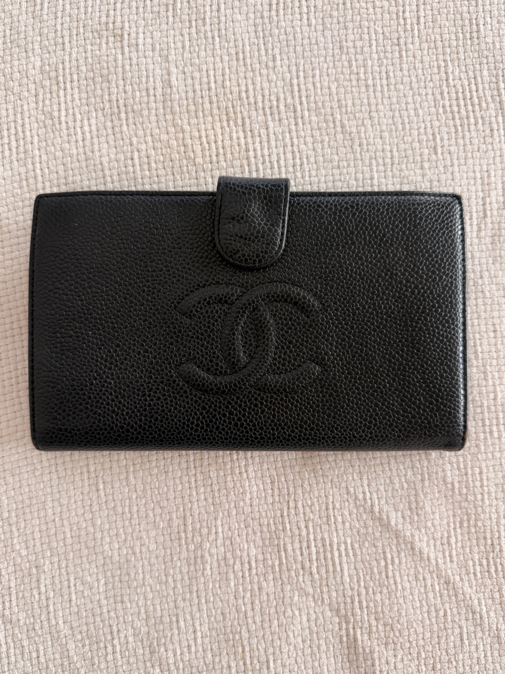 CHANEL Black Quilted Caviar Leather Phone Wallet Case with Snap Closure